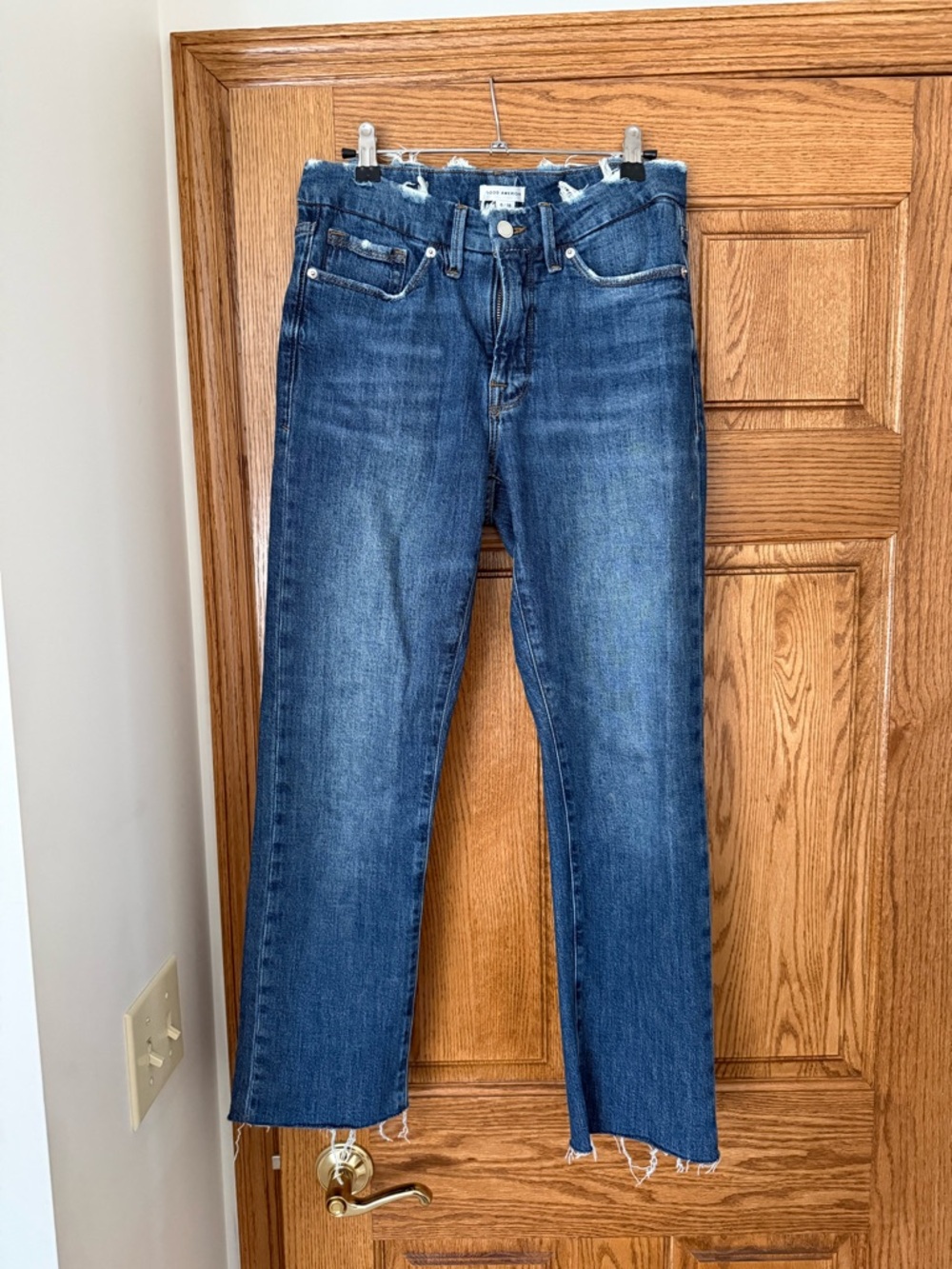 Good American Dark Blue Raw Hem Cropped Jeans